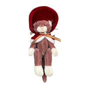 Vintage Mini Craft Cat Plush Doll Red Bonnet‎ Cape Christmas Holiday Decor Toy
